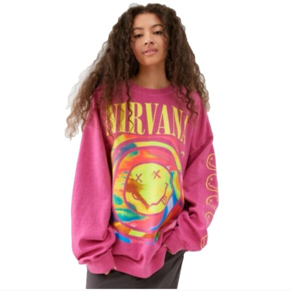 🆕 Urban Outfitters Nirvana Smile Overdyed Crewneck Sweashirt, S/M - Picture 2 of 16